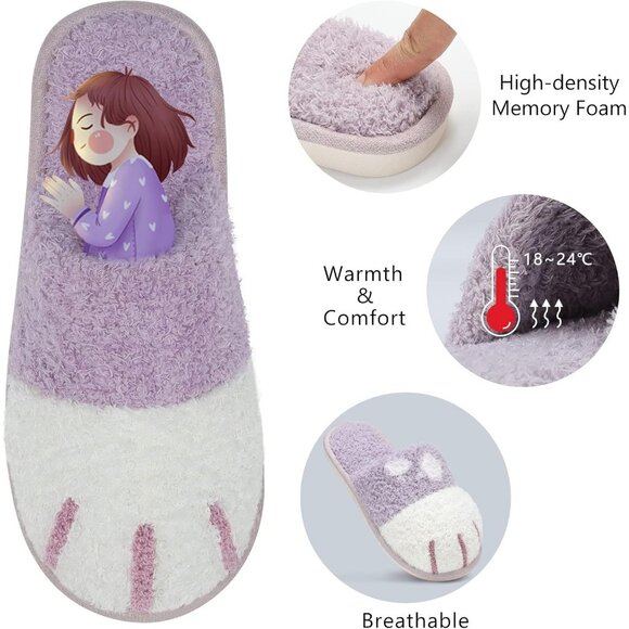 Women's Purple White Memory Foam Winter Warm Cozy Fuzzy Bedroom Slippers Shoes - Picture 4 of 6
